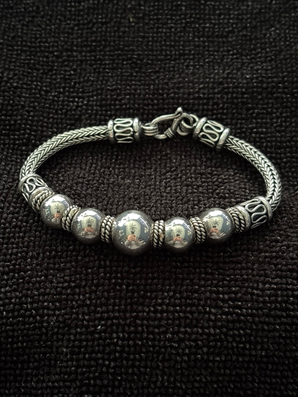Stunning Sterling Silver 925 5 Sphere Bead Thick Wheat Chain Bracelet